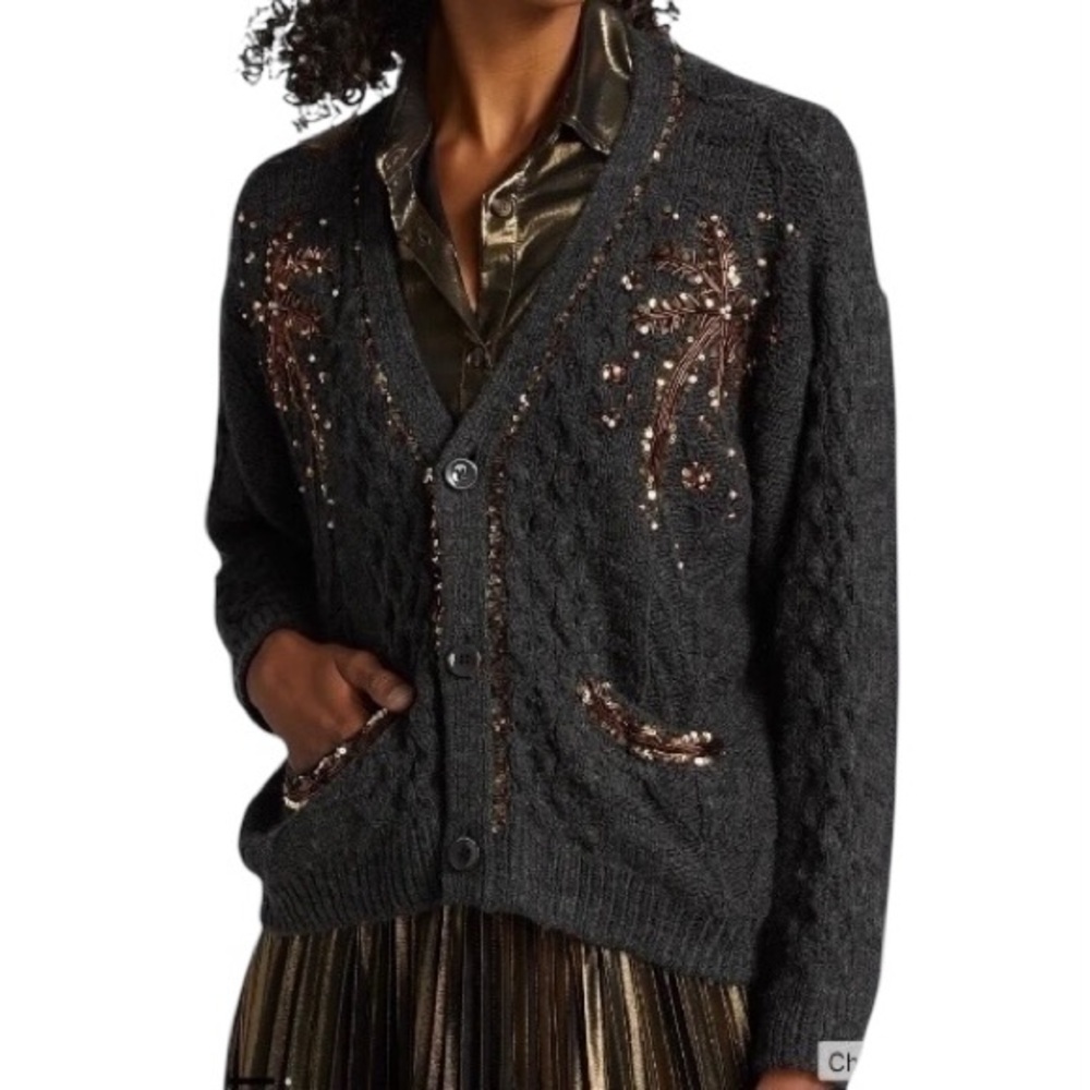 Le Superbe Paradise Wool Blend Cable Knit Sequin Palms V-Neck Cardigan Sweater